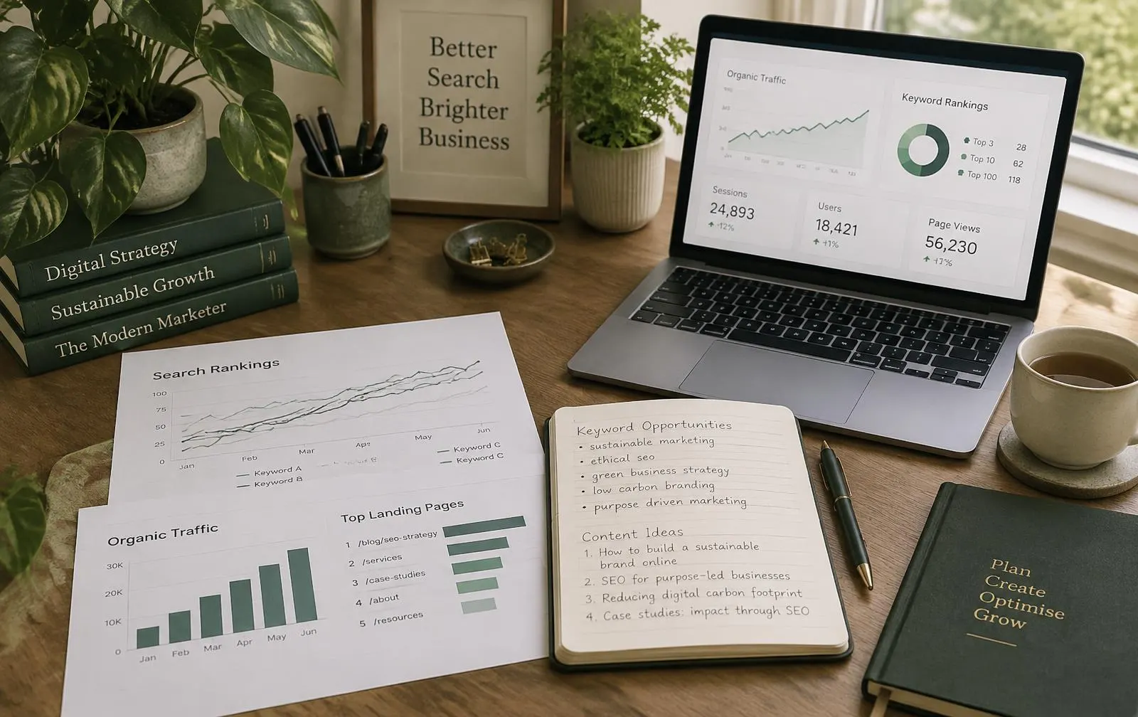 Desk with printed search ranking charts, a keyword notebook and an analytics dashboard on a laptop