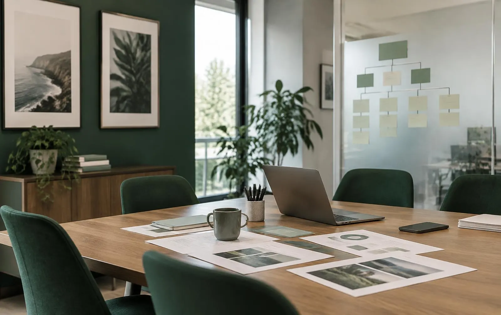 Meeting room with printed website audit reports and a site structure diagram on the glass wall